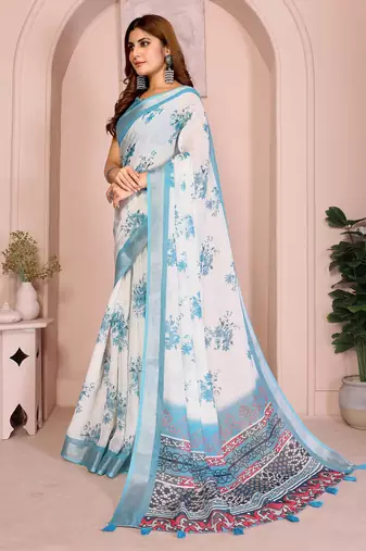 Blue linen cotton floral printed casual saree with matching blouse piece