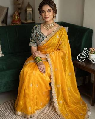 Yellow silk blend embroidered saree with sequins work 2