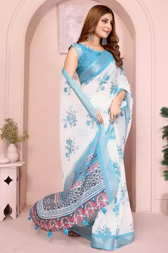 Blue linen cotton floral printed casual saree with matching blouse piece