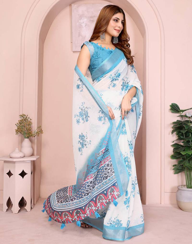 Blue linen cotton floral printed casual saree with matching blouse piece