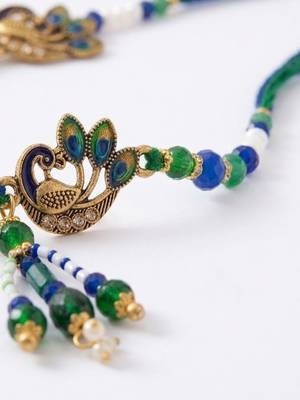 set of 4 green peacock design artificial beads thread rakhi with roli chawal 4