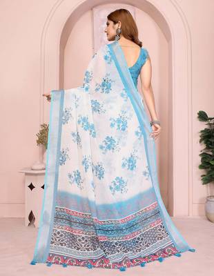 Blue linen cotton floral printed casual saree with matching blouse piece 4