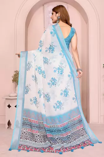 Blue linen cotton floral printed casual saree with matching blouse piece