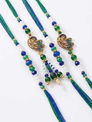 set of 4 green peacock design artificial beads thread rakhi with roli chawal 5