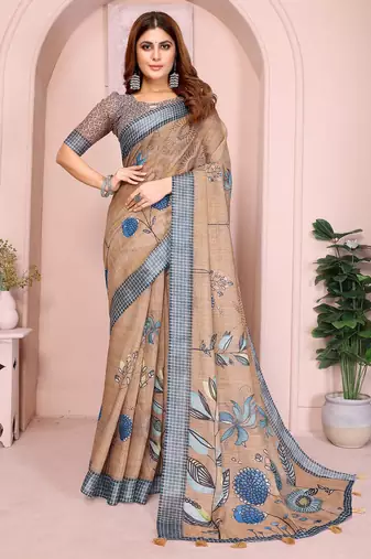 Brown linen cotton floral printed casual saree with matching blouse piece