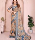 Brown linen cotton floral printed casual saree with matching blouse piece