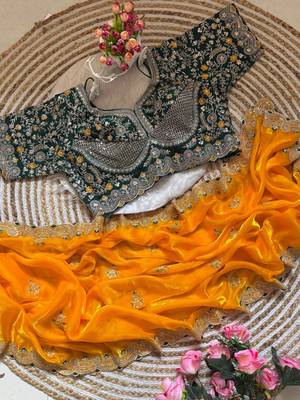Yellow silk blend embroidered saree with sequins work 4
