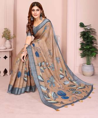 Brown linen cotton floral printed casual saree with matching blouse piece 2
