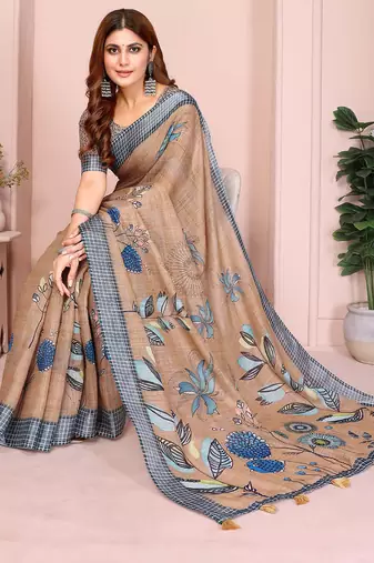 Brown linen cotton floral printed casual saree with matching blouse piece