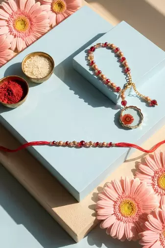 set of 2 gold toned red artificial beads bhaiya bhabhi rakhi with roli chawal chandan