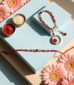 set of 2 gold toned red artificial beads bhaiya bhabhi rakhi with roli chawal chandan