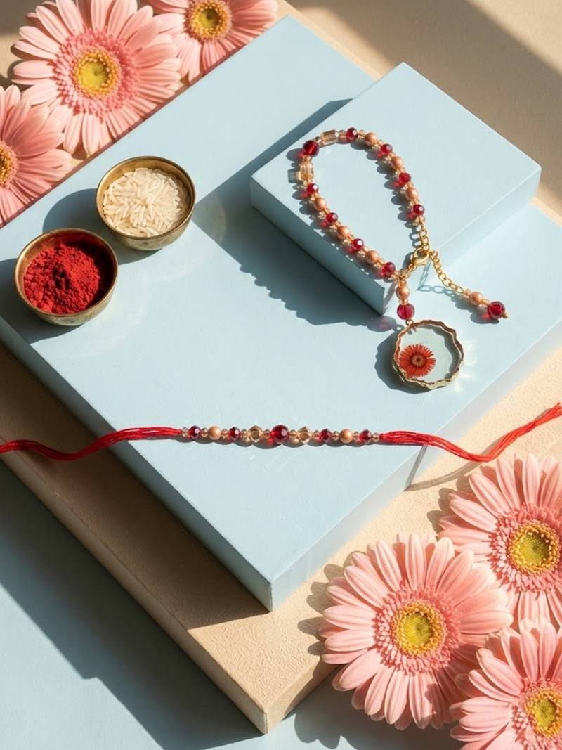 set of 2 gold toned red artificial beads bhaiya bhabhi rakhi with roli chawal chandan