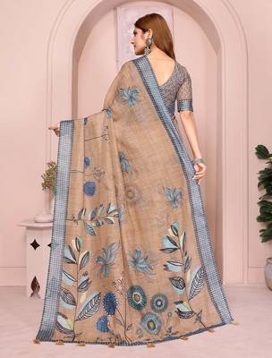 Brown linen cotton floral printed casual saree with matching blouse piece 3