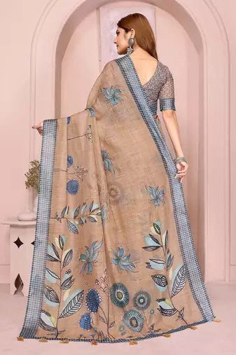 Brown linen cotton floral printed casual saree with matching blouse piece