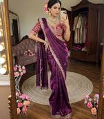 Wine silk blend embroidered saree with sequins work