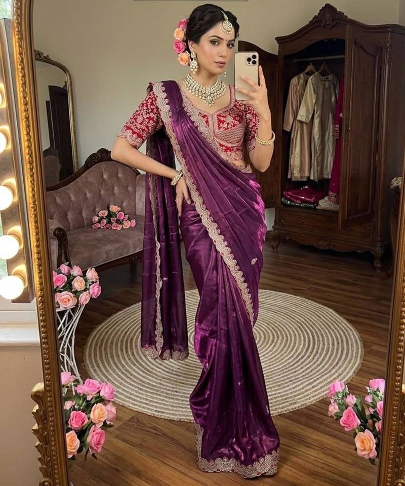 Wine silk blend embroidered saree with sequins work