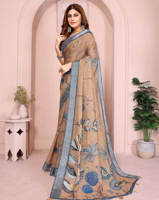 Brown linen cotton floral printed casual saree with matching blouse piece 4