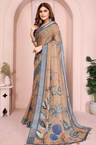 Brown linen cotton floral printed casual saree with matching blouse piece