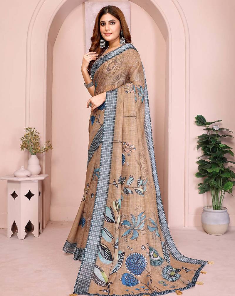 Brown linen cotton floral printed casual saree with matching blouse piece
