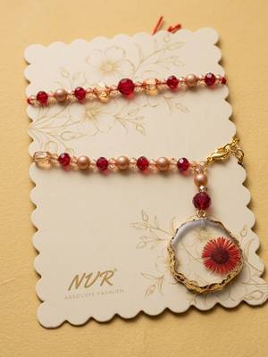 set of 2 gold toned red artificial beads bhaiya bhabhi rakhi with roli chawal chandan 2