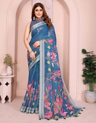 Blue linen cotton floral printed casual saree with matching blouse piece 1