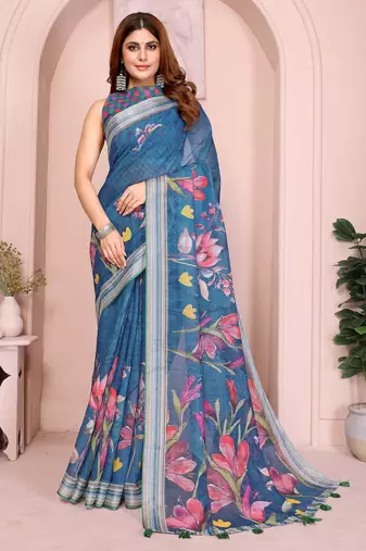 Blue linen cotton floral printed casual saree with matching blouse piece