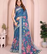 Blue linen cotton floral printed casual saree with matching blouse piece