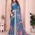 Blue linen cotton floral printed casual saree with matching blouse piece