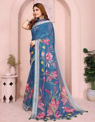 Blue linen cotton floral printed casual saree with matching blouse piece 2