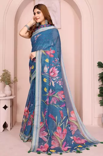 Blue linen cotton floral printed casual saree with matching blouse piece