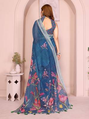 Blue linen cotton floral printed casual saree with matching blouse piece 3