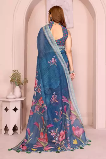 Blue linen cotton floral printed casual saree with matching blouse piece