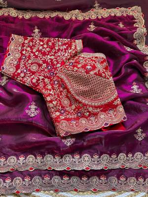Wine silk blend embroidered saree with sequins work 3
