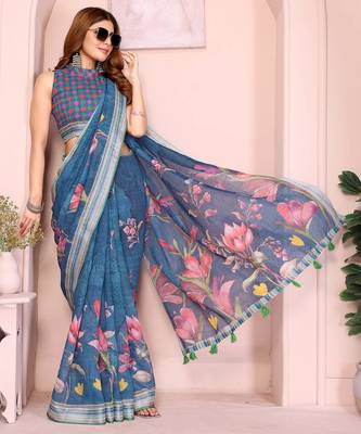 Blue linen cotton floral printed casual saree with matching blouse piece 4
