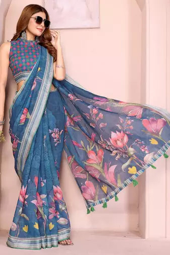 Blue linen cotton floral printed casual saree with matching blouse piece