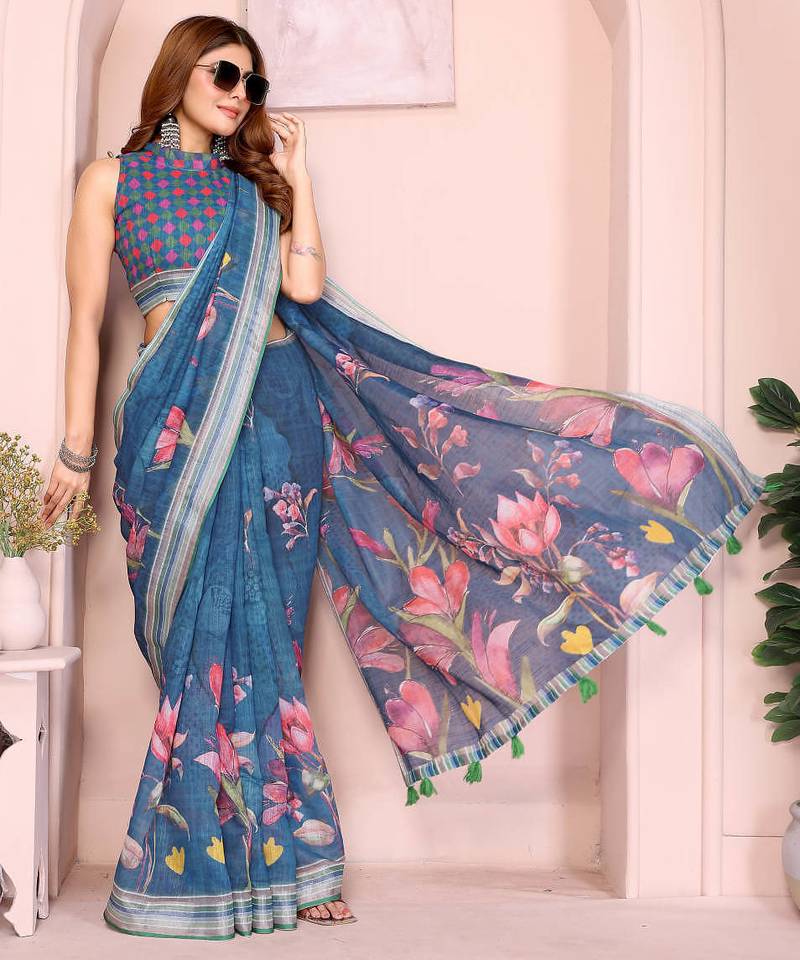 Blue linen cotton floral printed casual saree with matching blouse piece