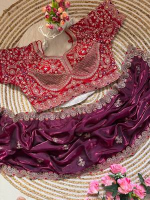 Wine silk blend embroidered saree with sequins work 4