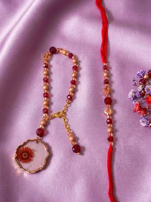 set of 2 gold toned red artificial beads bhaiya bhabhi rakhi with roli chawal chandan 5