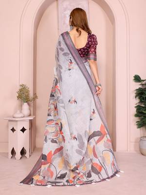 Wine linen cotton floral printed casual saree with matching blouse piece 2