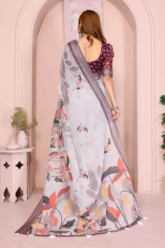 Wine linen cotton floral printed casual saree with matching blouse piece