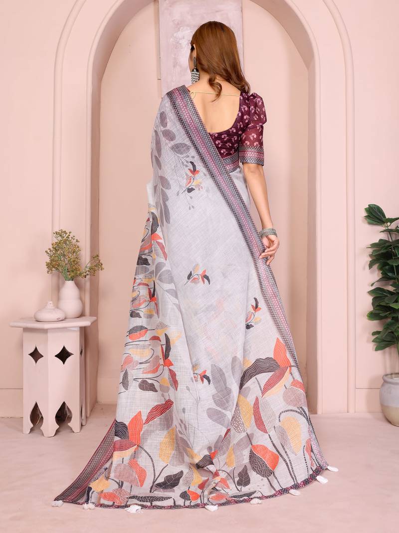 Wine linen cotton floral printed casual saree with matching blouse piece