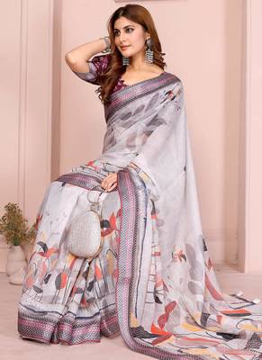 Wine linen cotton floral printed casual saree with matching blouse piece 3