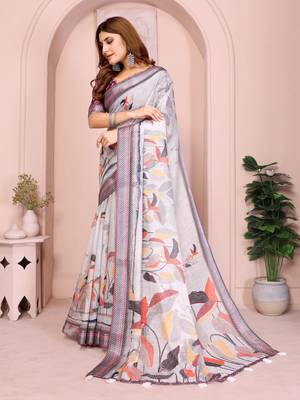 Wine linen cotton floral printed casual saree with matching blouse piece 4