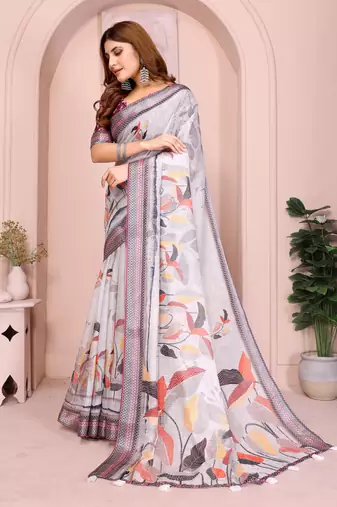 Wine linen cotton floral printed casual saree with matching blouse piece