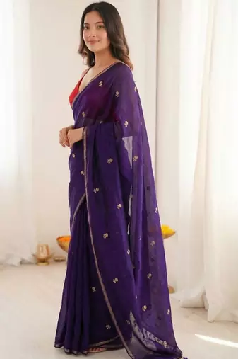 Purple art silk embroidered saree with sequins work