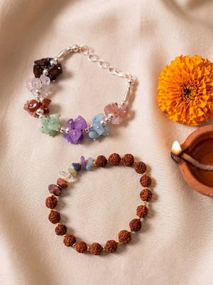 set of 2 rudraksh & seven chakra chip bracelet rakhi with roli chawal chandan mishri 2
