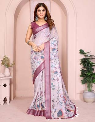 Wine linen cotton floral printed casual saree with matching blouse piece 1