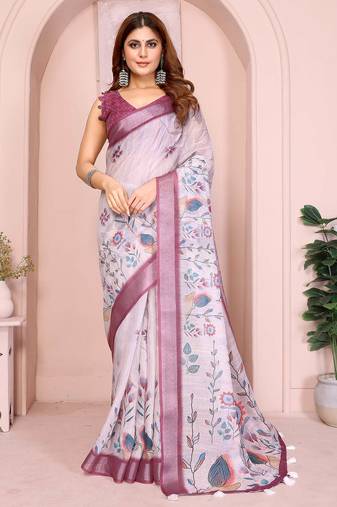 Wine linen cotton floral printed casual saree with matching blouse piece