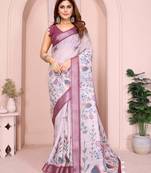 Wine linen cotton floral printed casual saree with matching blouse piece