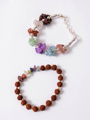 set of 2 rudraksh & seven chakra chip bracelet rakhi with roli chawal chandan mishri 3